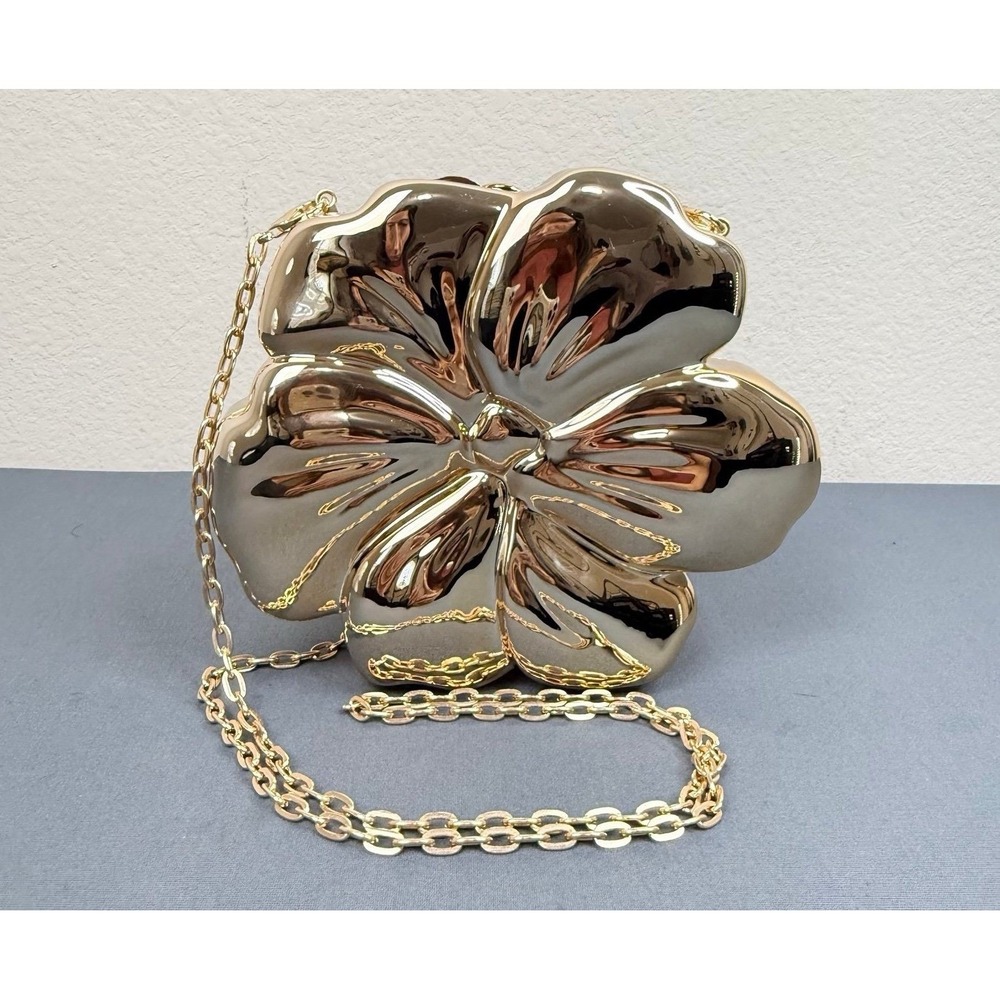 Metallic-Hued Flower Shaped Party Evening Wedding Bridal Clutch Bag Gold